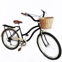 Bicicleta aro 26 Feminina com cesta vime 6 marchas preto bg