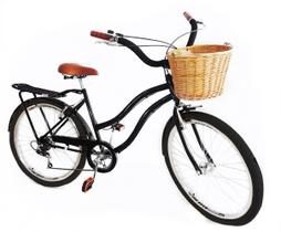 Bicicleta aro 26 Feminina com cesta vime 6 marchas Preto