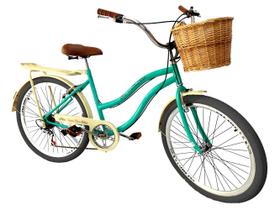 Bicicleta aro 26 Feminina com cesta vime 6 marchas verde bg