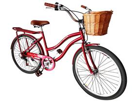Bicicleta aro 26 Feminina com cesta vime 6 marchas vermelho - Maria Clara Bikes