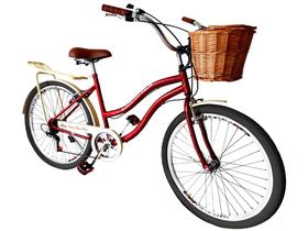 Bicicleta aro 26 Feminina com cesta vime 6 marchas vermelho