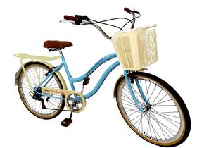 Bicicleta Aro 26 Feminina Estilo Retrô Bagageiro Azul BB