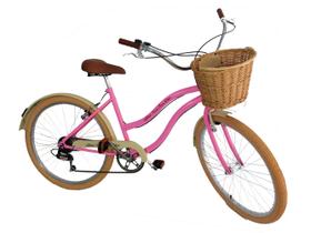 Bicicleta Aro 26 feminina retro 6v Cesta vime Rosa