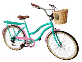 Bicicleta Aro 26 Feminina Retrô Bagageiro Verde Água Rosa