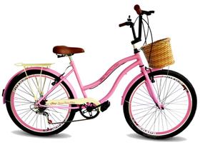 Bicicleta aro 26 feminina retrô cesta tipo vime 6v rosa