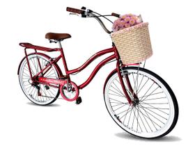 Bicicleta aro 26 feminina retrô com cesta tipo vime 6marchas