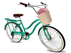 Bicicleta aro 26 feminina retrô com cesta tipo vime 6v verde