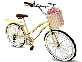 Bicicleta aro 26 modelo retrô cesta tipo vime 6 marchas bege - Maria Clara Bikes
