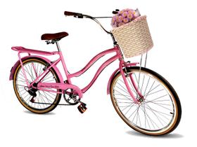 Bicicleta aro 26 modelo retrô cesta tipo vime 6 marchas rosa - Maria Clara Bikes