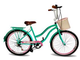 Bicicleta aro 26 passeio cesta 6 marchas verde e rosa