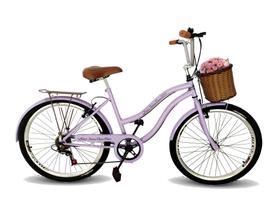 Bicicleta aro 26 passeio retrô cesta 6 marchas lilás - Maria Clara Bikes
