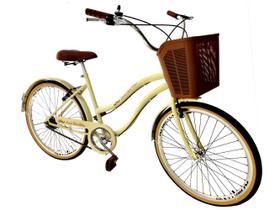 Bicicleta aro 26 passeio retrô s/ marcha cesta plast bege
