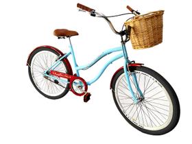 Bicicleta Aro 26 passeio retrô sem marchas cesta vime azul - Maria Clara Bikes