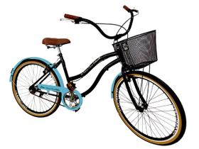 Bicicleta Aro 26 passeio sem marchas com cesta Preto Azul - Maria Clara Bikes