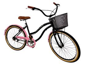 Bicicleta Aro 26 passeio sem marchas com cesta Preto rosa - Maria Clara Bikes