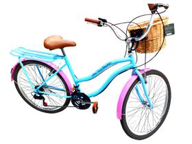 Bicicleta aro 26 retrô 18 marchas cesta vime bagageiro azul