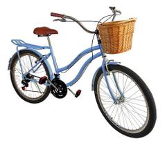 Bicicleta Aro 26 Retrô 18 Marchas Cesta Vime Bagageiro Azul