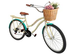 Bicicleta aro 26 retrô 18 marchas cesta vime bagageiro Bege