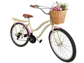 Bicicleta aro 26 retrô 18 marchas cesta vime bagageiro Bege