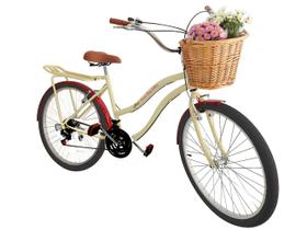 Bicicleta aro 26 retrô 18 marchas cesta vime bagageiro Bege