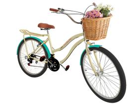 Bicicleta aro 26 retrô 18 marchas cesta vime bagageiro Bege - Maria Clara Bikes
