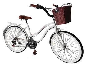 Bicicleta aro 26 retrô 18 marchas com cesta bagageiro branco