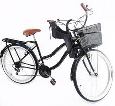 Bicicleta Aro 26 Retrô 18v Cadeirinha Infantil Preta Frontal - Maria Clara Bikes