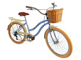 Bicicleta aro 26 retrô 6v cesta de vime bagageiro Azul BB bg