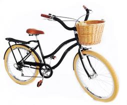 Bicicleta aro 26 retrô 6v cesta de vime bagageiro Preto