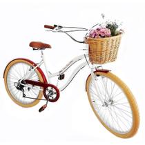 Bicicleta Aro 26 retro 6v Cesta vime natural Branco