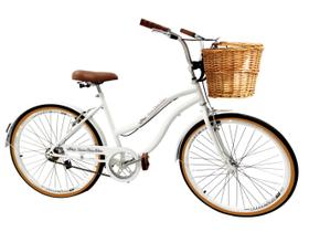 Bicicleta Aro 26 retrô 6v Cesta vime natural Branco