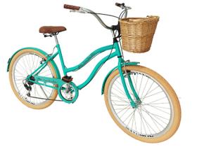 Bicicleta Aro 26 retrô 6v Cesta vime natural Verde-agua