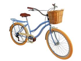 Bicicleta aro 26 retrô 6v com cesta de vime bagageiro Azul