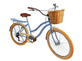 Bicicleta aro 26 retro 6v com cesta de vime bagageiro Azul