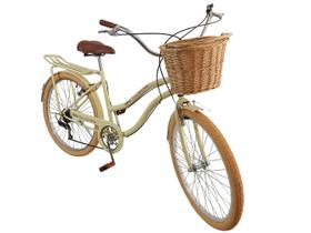 Bicicleta aro 26 retrô 6v com cesta de vime bagageiro Bege