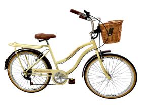 Bicicleta aro 26 retro 6v com cesta de vime bagageiro Bege
