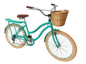 Bicicleta aro 26 retrô 6v com cesta de vime bagageiro Verde