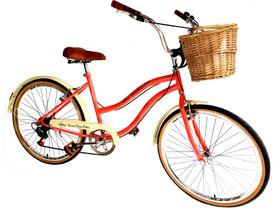 Bicicleta Aro 26 Retrô 6v Feminina Cesta Vime Salmão