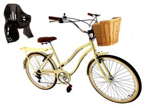 Bicicleta aro 26 retrô cadeirinha infantil cesta de vime 6v