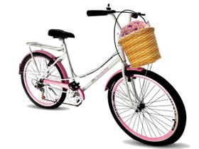 Bicicleta Aro 26 retrô cesta 6 marchas mary branco com rosa
