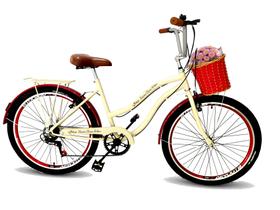 Bicicleta aro 26 retrô cesta vermelha 6 marchas bege