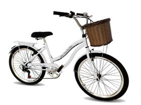 Bicicleta aro 26 retrô com cesta passeio 6 marchas cor branco - Maria Clara Bikes