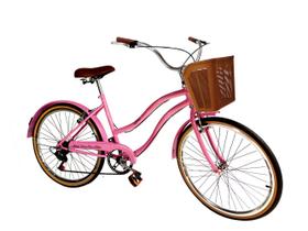 Bicicleta aro 26 retrô com cesta plástica 6 marchas rosa