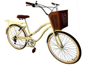 Bicicleta aro 26 retrô passeio 6v bagageiro cesta plast bege - Maria Clara Bikes