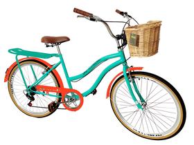 Bicicleta aro 26 retrô passeio 6v bagageiro cesta vime verde
