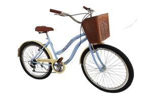 Bicicleta aro 26 retrô passeio cesta plástica 6v Azul bg - Maria Clara Bikes