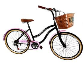 Bicicleta aro 26 retrô urbana 6 marchas cesta grande Preto