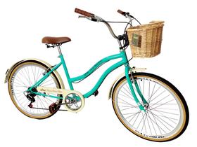 Bicicleta Aro 26 Retrô Vintage 6v Vime Verde Agua com Bege