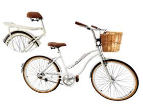 Bicicleta Aro 26 Retrô Vintage Cesta d vime Bagageiro Branco