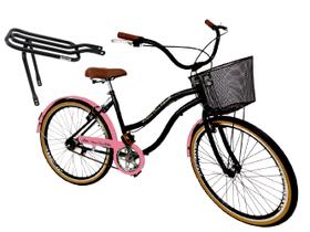 Bicicleta Aro 26 Retrô Vintage Cesta e Bagageiro Preto Rosa